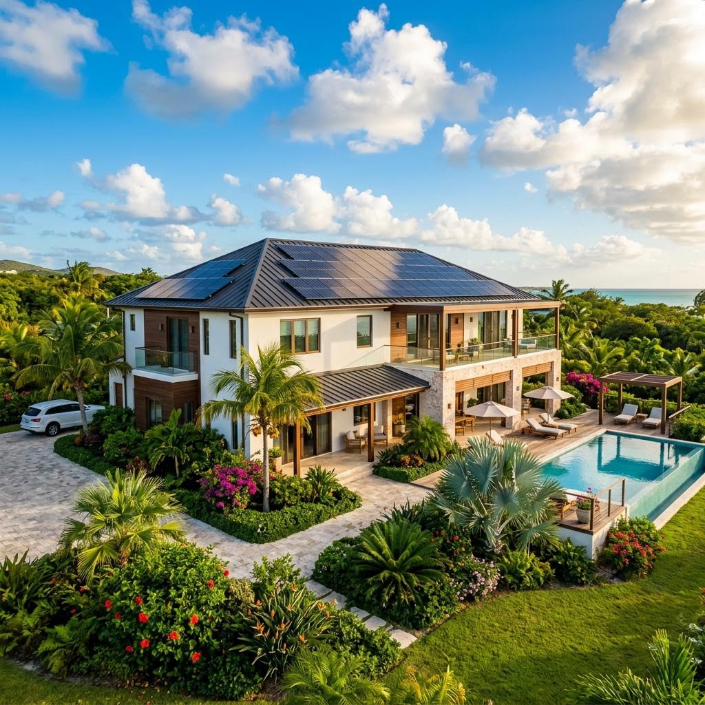 Residential home with solar panels on roof